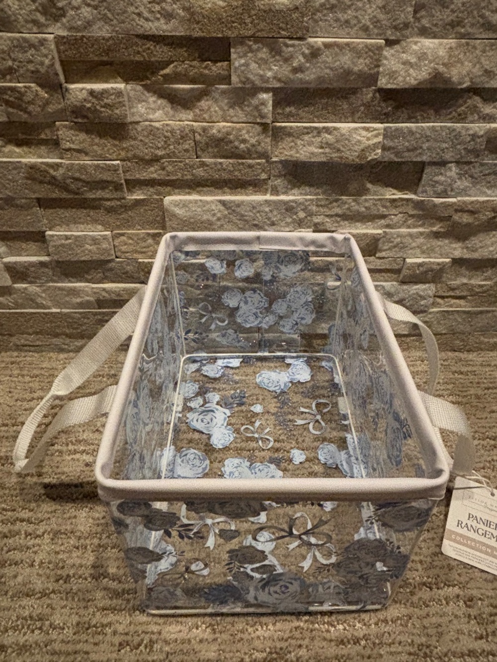 Blue & White Floral Vinyl Carryall/Storage Basket